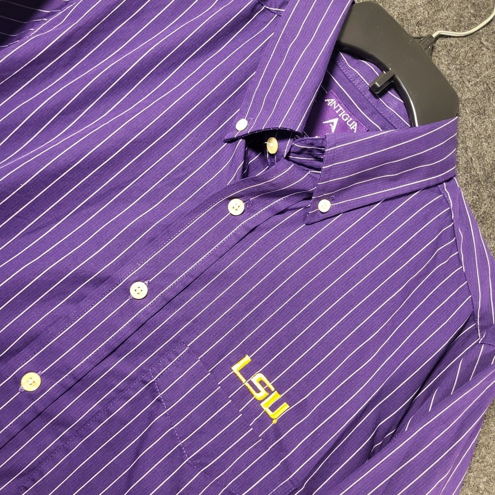 LSU Tigers Antigua Purple White Pinstripe Button Down Shirt Long Sleeve Men's L